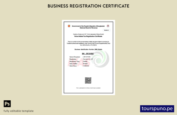 listo para imprimir Plantilla de certificado de registro de IVA de Bangladesh Pl